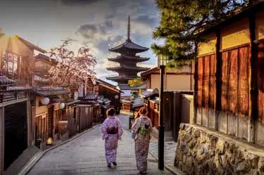 Walking through Kyoto’s historic Higashiyama district in traditional attire