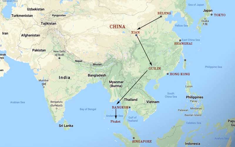 Route Map, China & Thailand Travel Packages