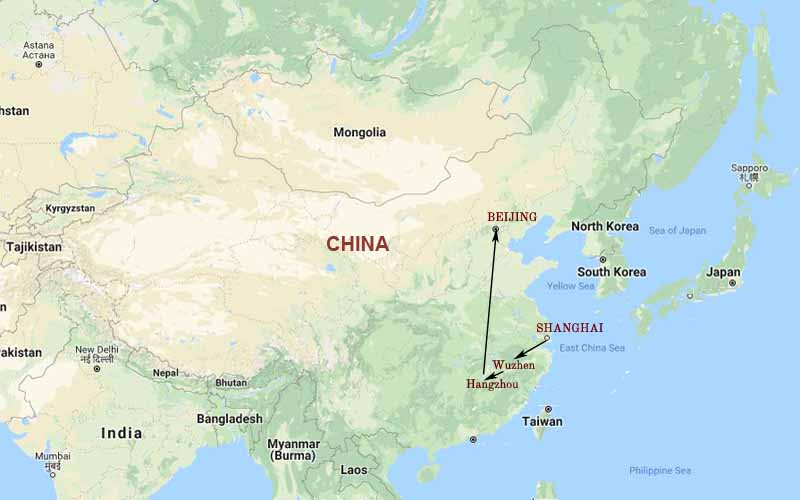 China Waterways Route Map. Wuzhen Tour package