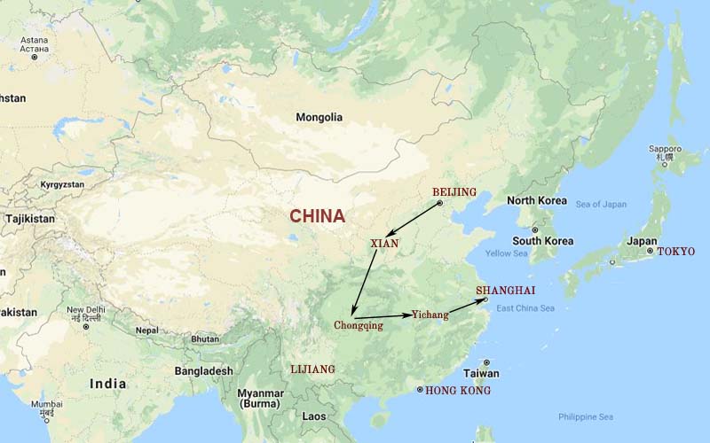 Route Map, Golden Yangtze Cruise & China Tour package