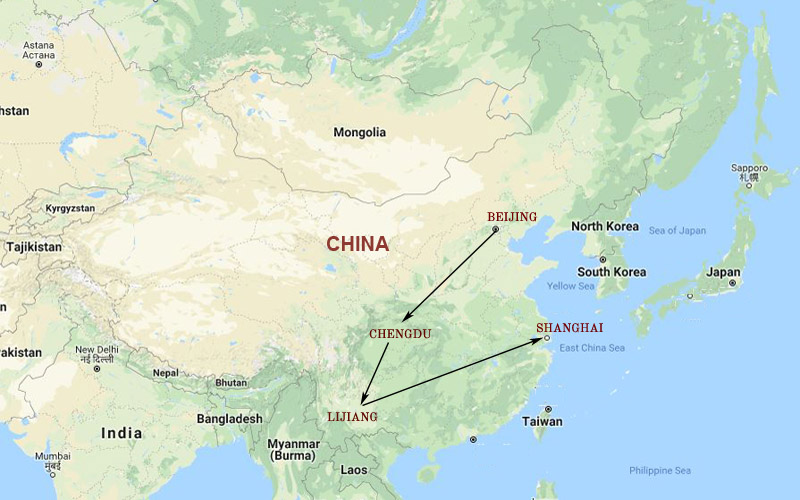 route map, China Honeymoon vacation - Beijing, Chengdu, Lijiang & Shanghai