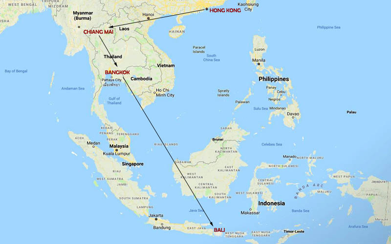route map, Far East Explorient - southeast Asia vacation Package