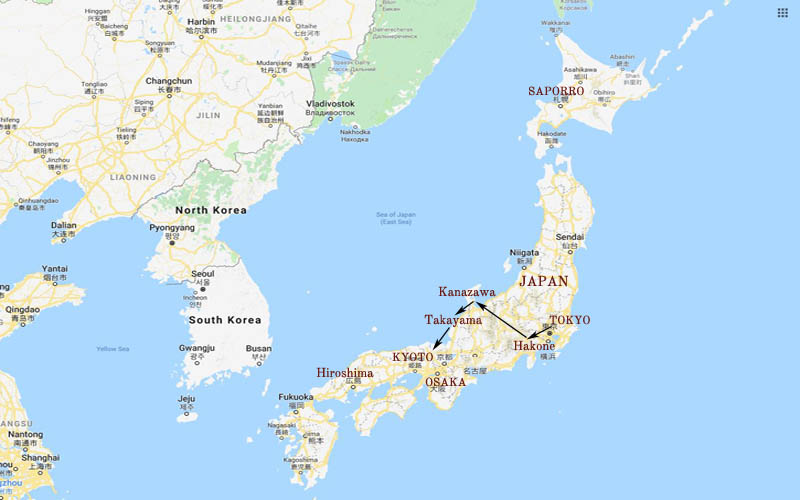 Route Map, Luxury Japan Tour: Tokyo, Takayama, Kanazawa, Kyoto, Nara