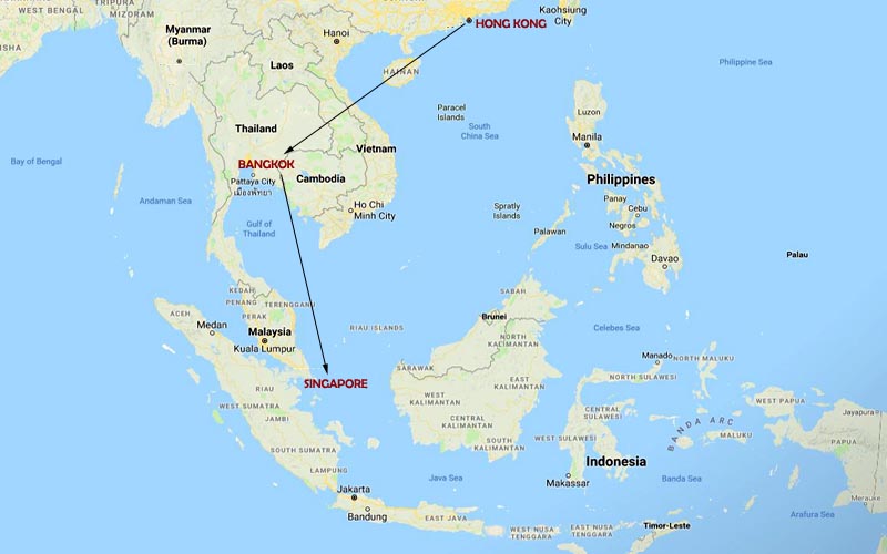 Route Map, Hong Kong, Bangkok Singapore Tour Package