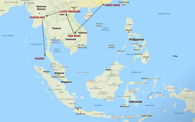 Route Map, Southeast Asia vacation package. Laos, Cambodia Thailand tour