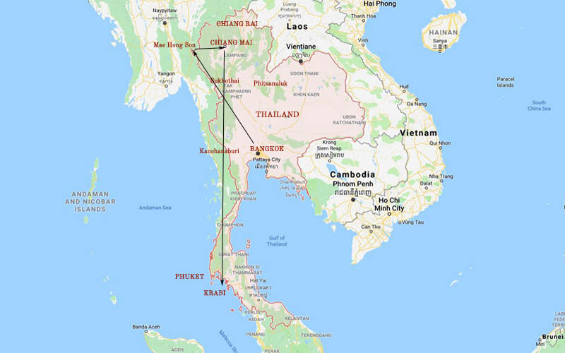 Route Map, Thailand Tour package Bangkok, Chiang Mai, Pai and Krabi by Explorient
