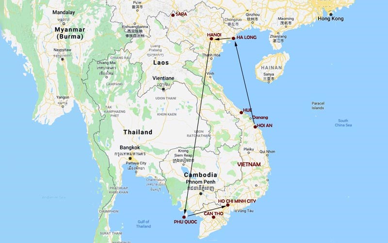 Route Map, Spectacular Vietnam Tour Package: Phu Quoc, Hoi An, Hanoi, Halong and Saigon
