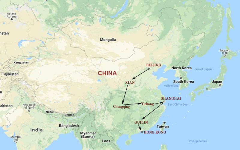 Route Map, China Cruise Tour - Beijing, Xian, Yangtze, Shanghai, Guilin & Hong Kong