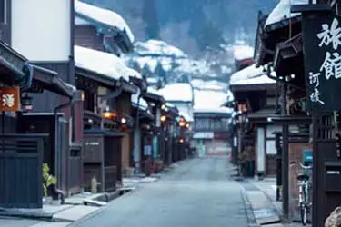 Snowy street in Takayama Old Town, known for its preserved Edo-period architecture