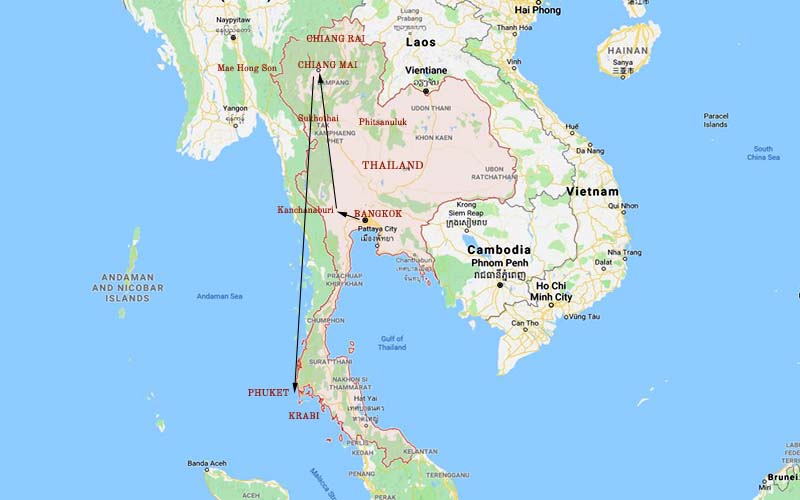 Route Map. Thailand adventure travel package