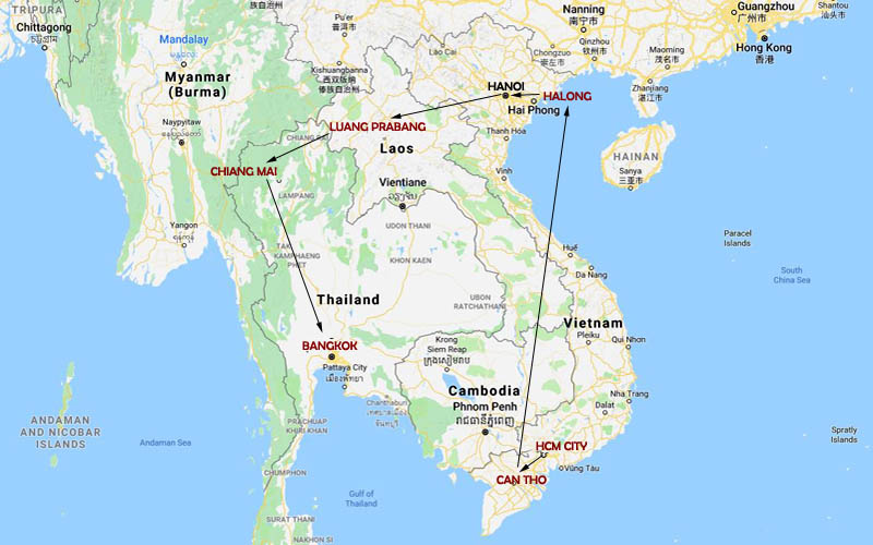 Route Map, Thailand Laos & Vietnam Tour package and vacation
