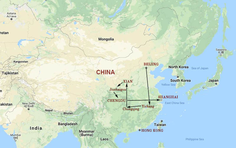 Route Map, Yangtze, Chengdu & Jiuzhaigou tour package