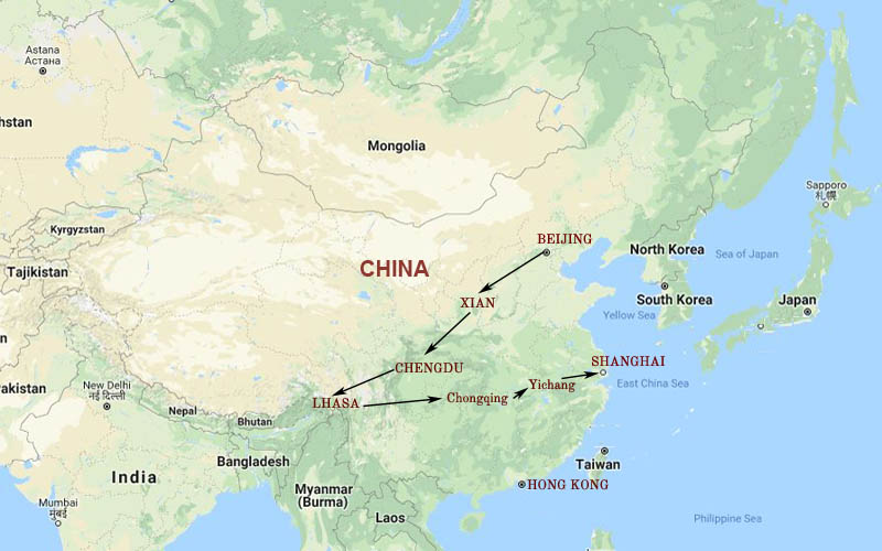 Route Map, Yangtze Tibet Vacation Package