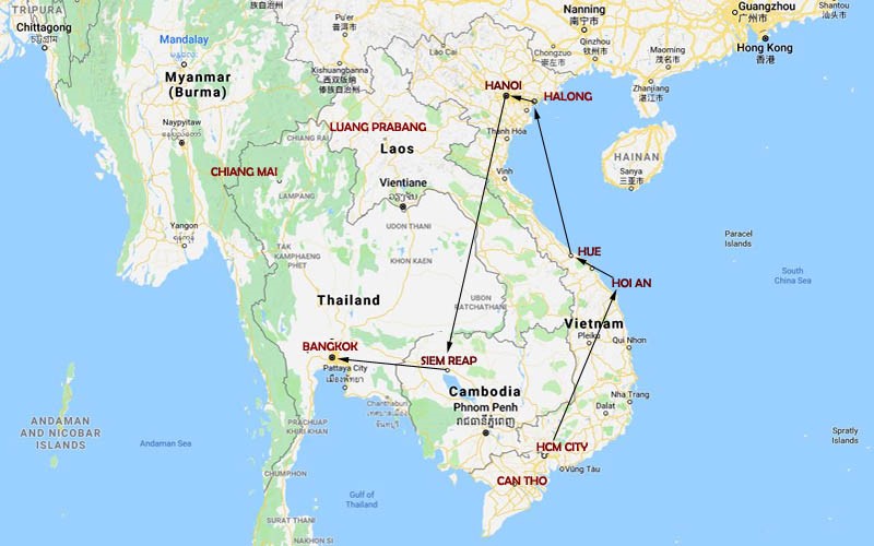 Route Map, Luxury Indochina Vacation - HCM City, Halong Bay, Hanoi, Siem Reap & Bangkok