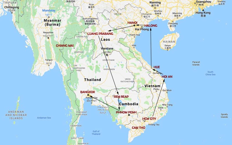 Route Map, Tour Package of Thailand, Vietnam, Laos and Cambodia