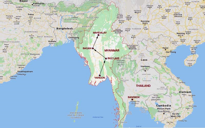 Route Map, Myanmar Tour - Yangon, Inle, Bagan & Mandalay Vacation package by Explorient