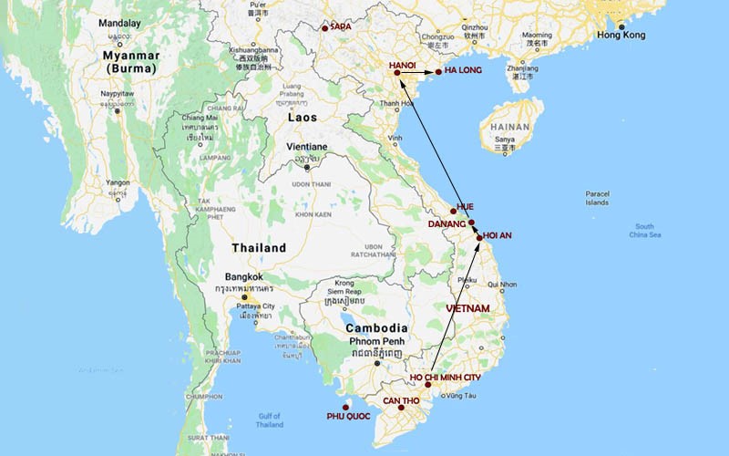 Route Map, Vietnam Honeymoon Vacation of Hanoi, Halong Cruise, Hoi An, Danang and Ho Chi Minh City