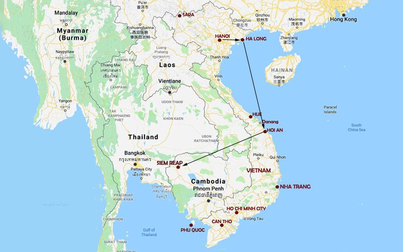 Route Map, Private Vietnam Vacation Package: Hanoi, Halong, Hoi An, Siem Reap