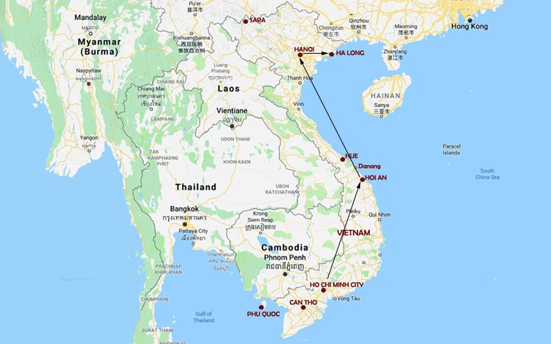 Route Map, Vietnam Vacation Package: Hanoi, Halong Bay Luxury Cruise, Hoi An, Ho Chi Minh City