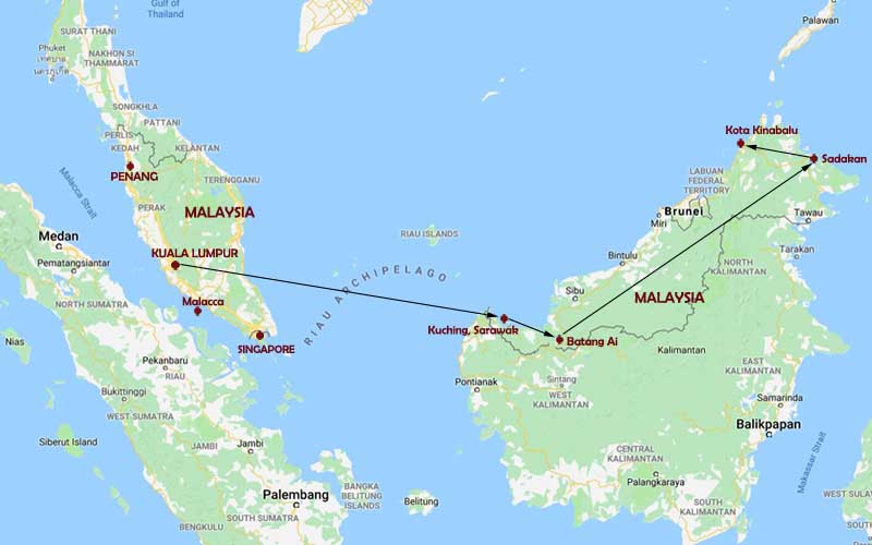 Route Map, Malaysia Borneo adventure tour and family vacation by Explorient