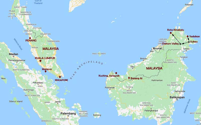 Route Map, Borneo tour and Malaysia Wildlife Adventure