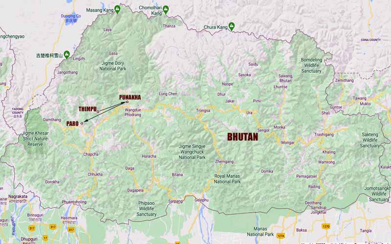 Route Map, luxury Bhutan tour and vacation