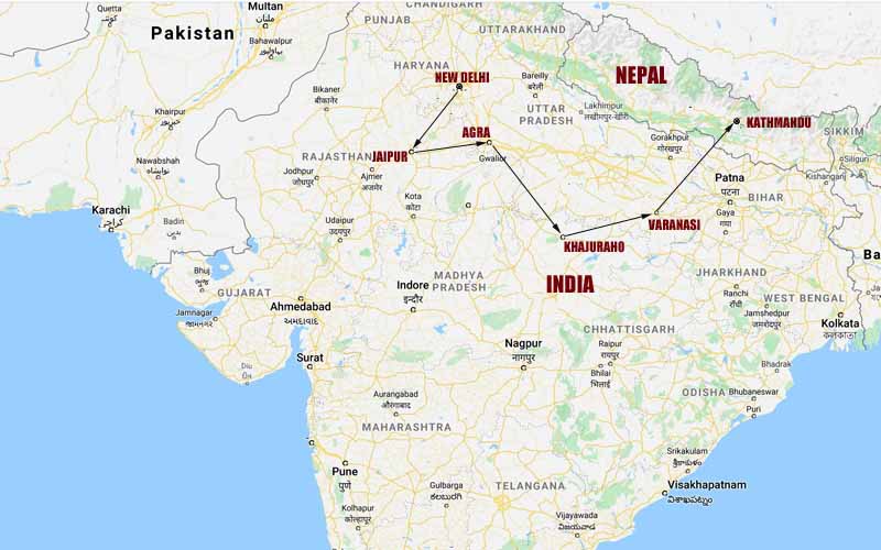 Route map, private Nepal & India tour - Delhi, Varanasi, Khajuraho, Kathamndu, Agra vacation