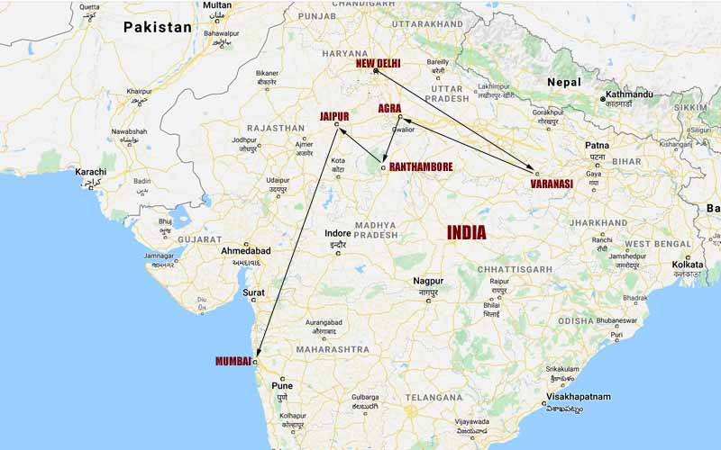 Route Map, Luxury India Vacation - Delhi, Varanasi, Jaipur, Agra, Ranthambore & Mumbai