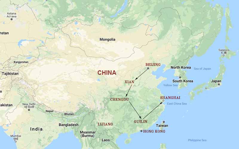 Route Map, Luxury China Tour - Beijing, Xian, Chengdu, Guilin, Longsheng, Shanghai