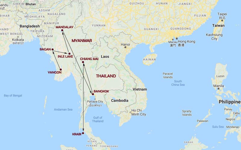 Myanmar & Thailand Tour Map