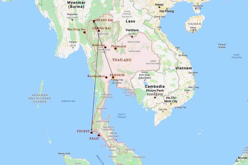 Route Map, private Thailand Tour - Chiang Mai, Golden Triangle, Phuket & Bangkok