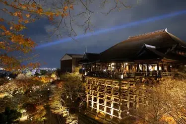 Historic Buddhist temple in Osaka lit up at night with panoramic city views
