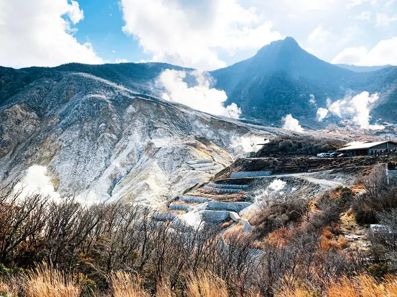 Owakudani volcanic valley in Hakone with rising geothermal steam against the surrounding mountains.