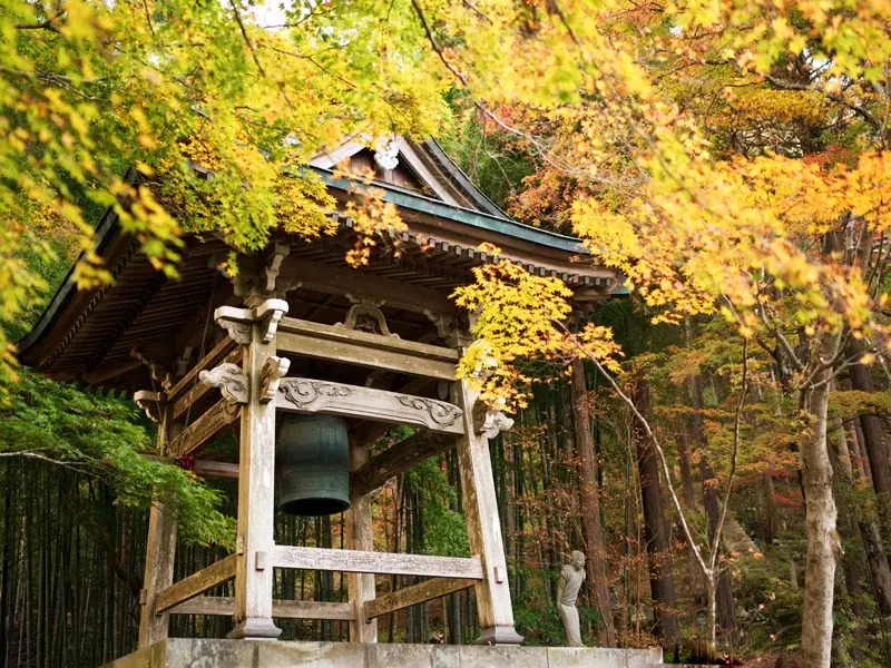 Traditional temple bell tower in Japan surrounded by autumn foliage and dense forest trees.