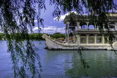 Marble Boat at the Summer Palace in Beijing on Kunming Lake, showcasing imperial gardens and classical Chinese architecture.