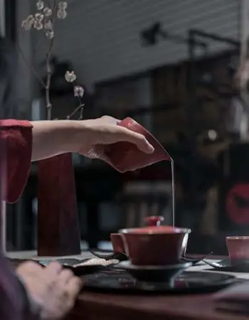 Quiet tea-pouring moment in a traditional Japanese setting, evoking calm and intimacy.