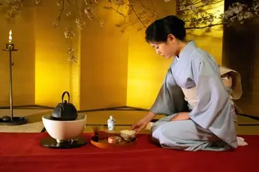 Woman in traditional kimono performing a tea ceremony in an elegant Kyoto setting, featured on private Japan cultural tours