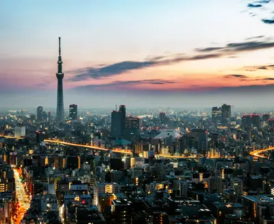Evening view of Tokyo with Tokyo Skytree illuminated against the skyline