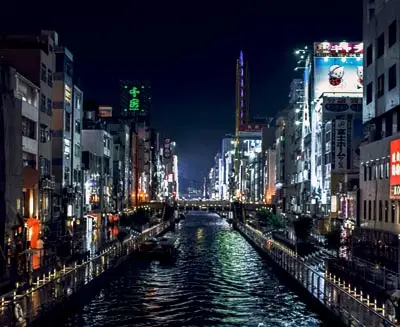 Tombori River, iconic river that runs through Osaka famed Dotonburi and Namba District.