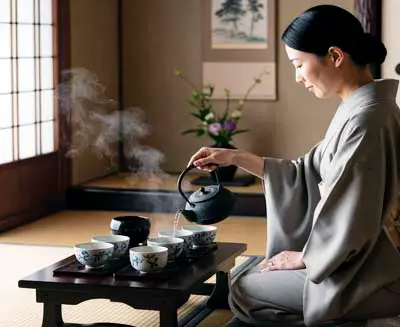 Steam rises from a ceramic vessel as hands perform the methodical pouring that defines the tea ceremony's meditative arc