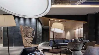 Reception area at Mitsui Garden Hotel, boutique hotel located walking distance from Kanazawa's Koribo District.