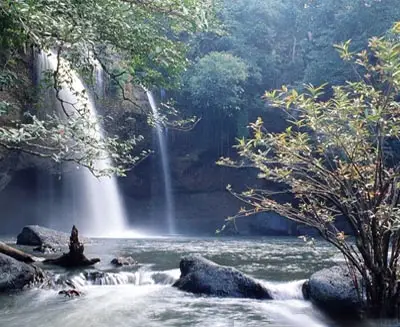 Waterfall cascading into a shaded forest pool in northern Thailand, surrounded by lush jungle foliage, mossy rocks, and tranquil natural scenery.