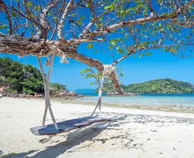 Secluded tropical beach in Koh Phangan, Thailand with a wooden swing hanging from a tree over white sand, overlooking clear turquoise water and forested shoreline.