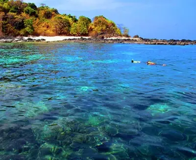 Crystal-clear snorkeling waters around the Similan Islands, Thailand, with vibrant coral reefs visible beneath the surface and tropical islands in the distance.