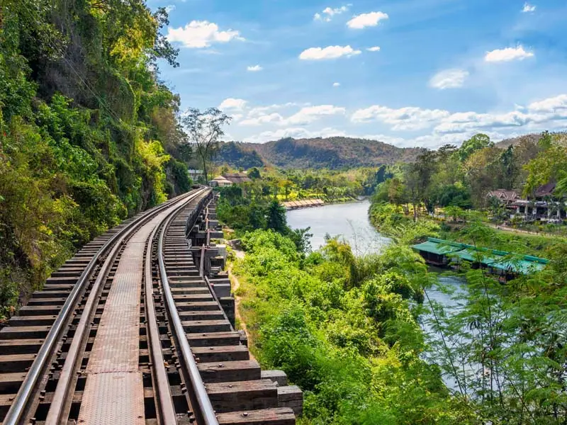 Historic Death Railway route overlooking the River Kwai and Kanchanaburi’s forested valley scenery