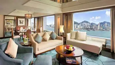 Grand room at the Intercontinental Stanford hotel in Hong Kong with stunning views of Victoria Harbor