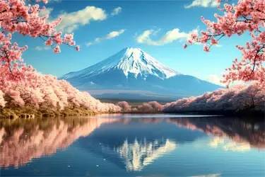 Mount Fuji reflected in a calm lake framed by cherry blossoms in full bloom during spring in Japan.