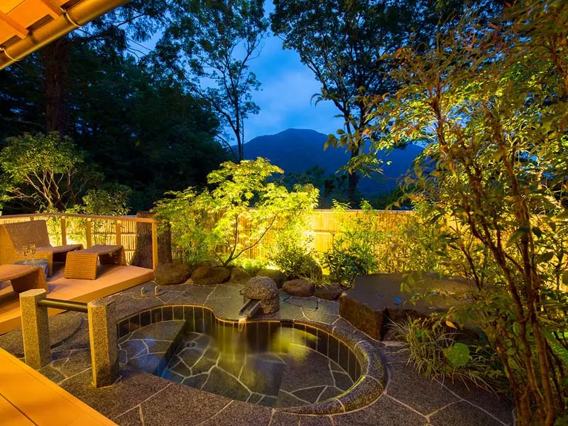 Private open-air onsen in Hakone surrounded by illuminated garden greenery with mountain views at dusk.