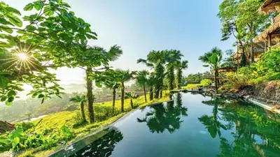 Infinity pool at Pu Luong Retreat overlooking lush rice terraces and forested hills in northern Vietnam, offering a serene eco-luxury escape immersed in nature.