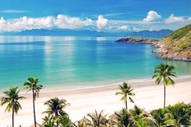 Palm-lined beach with turquoise waters in Nha Trang, Vietnam, showcasing the city’s relaxed coastal atmosphere and scenic shoreline.